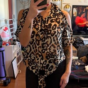 Leopard Print Tie-Hem Blouse With Cut-Out Shoulder Sleeves